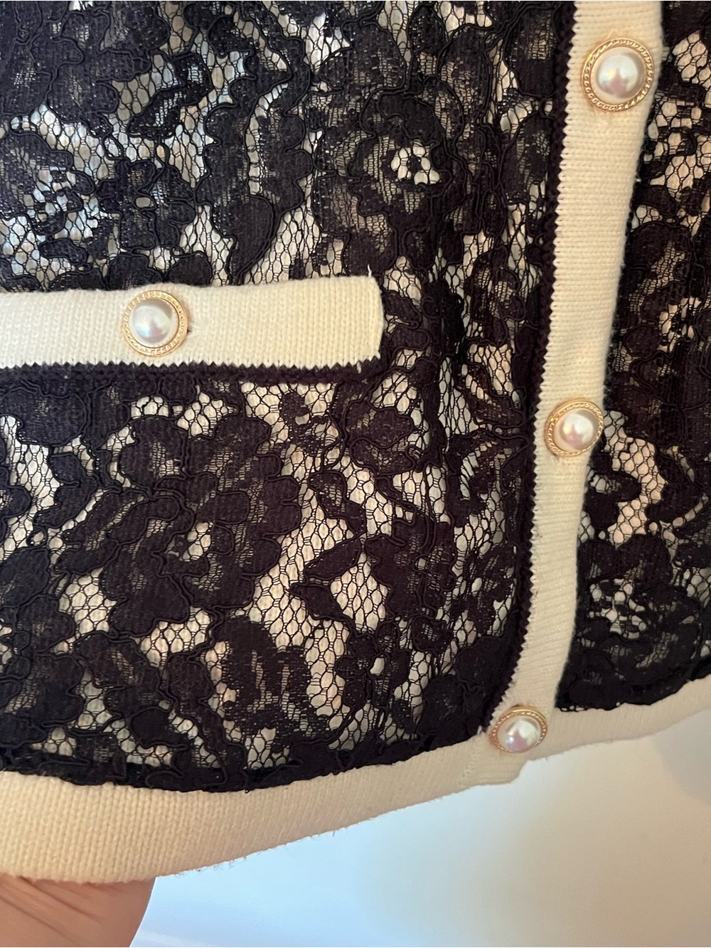 Talbots Lace Overlay Cardigan Jacket Black Cream Pearl Button Size Large - Picture 8 of 12